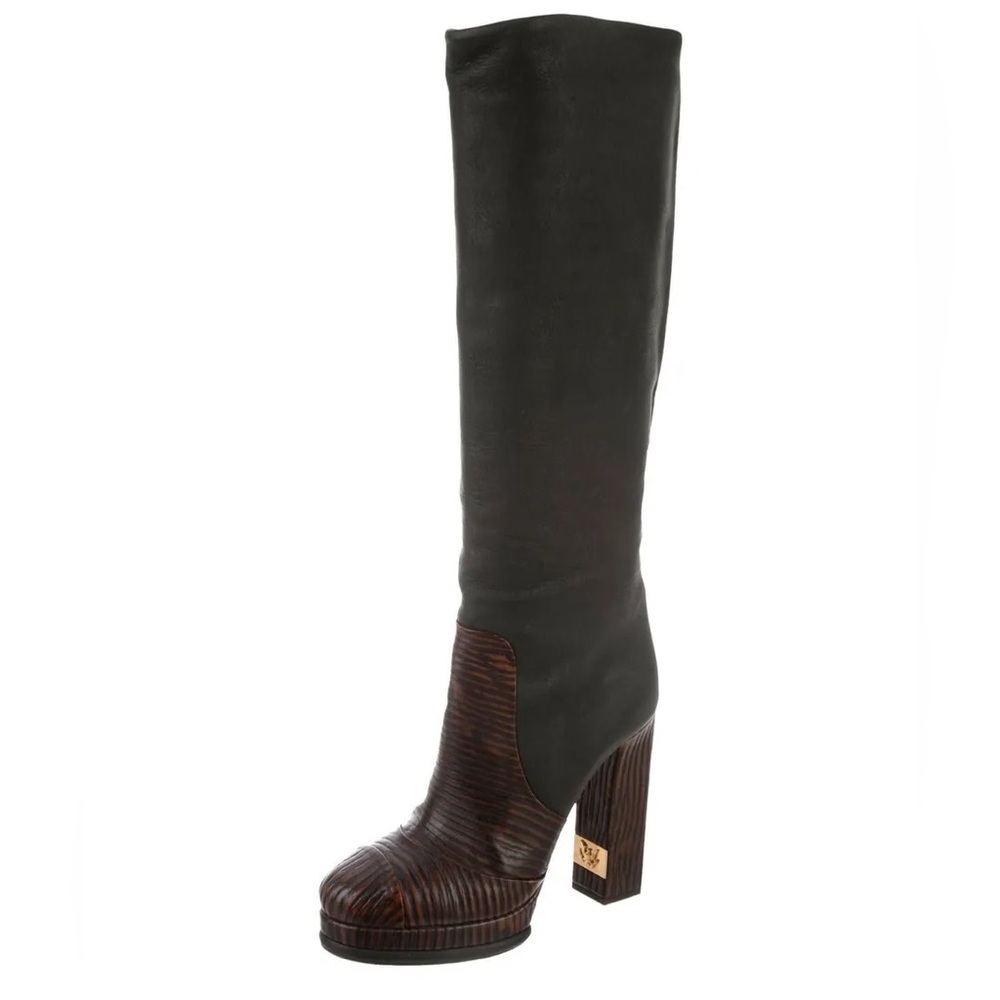 Chanel | Knee High Boots High Heels Size 37 Waxed Suede Gray Brown